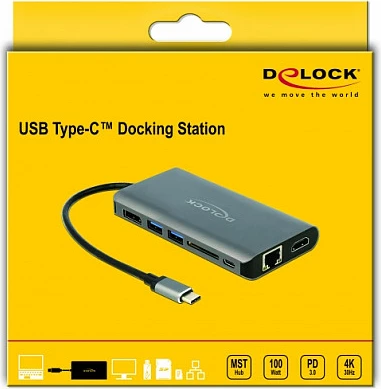 Docking station DeLOCK 87683, USB-C, HDMI + DisplayPort, RJ-45 Gigabit, SD, 100W PD, gri