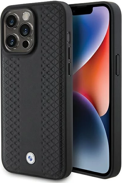 Mbështjellës BMW Leather Diamond Pattern për iPhone 15 Pro, i zi