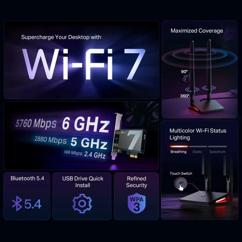 Kartë rrjeti Wi‑Fi TP-Link Archer TBE550E PCI-Express, e zezë