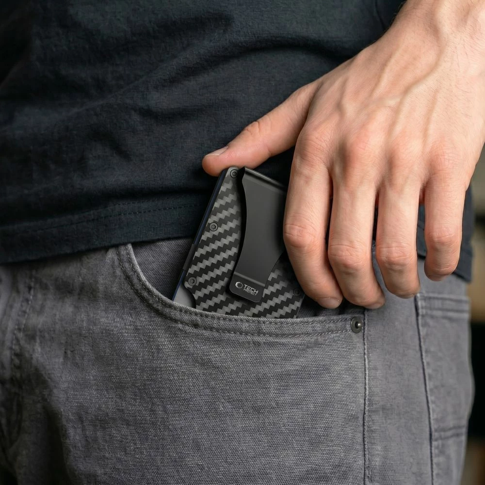Kuletë kartelash Tech-Protect Thorn RFID, kapacitet deri 8 karta, me klip për para, slim, Carbon Black, 1 copë