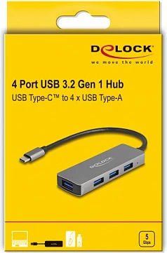 USB-C HUB DeLOCK 4Port, 4x USB 3.2, 5 Gbps, metal, gri
