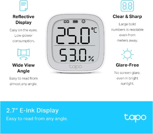 Sensor i mençur temperature dhe lagështie TP-LINK Tapo T315, ekran 2.7" E-ink, i bardhë, set me 2 bateri AAA 5