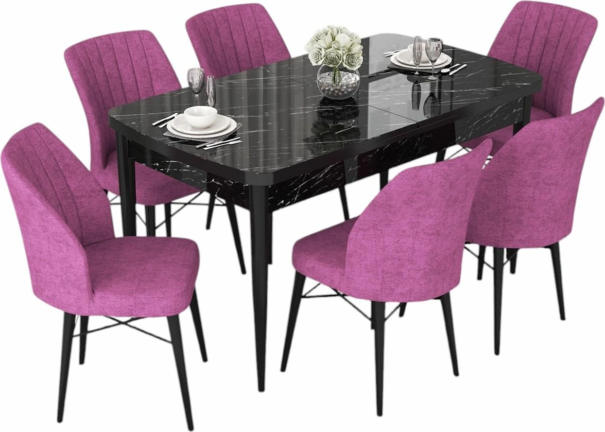 Set tavolinë me karrige për ngrënie, zgjatës, ngjyrë mermeri të zi, lejla, 7 copë, Skye Decor, Nef