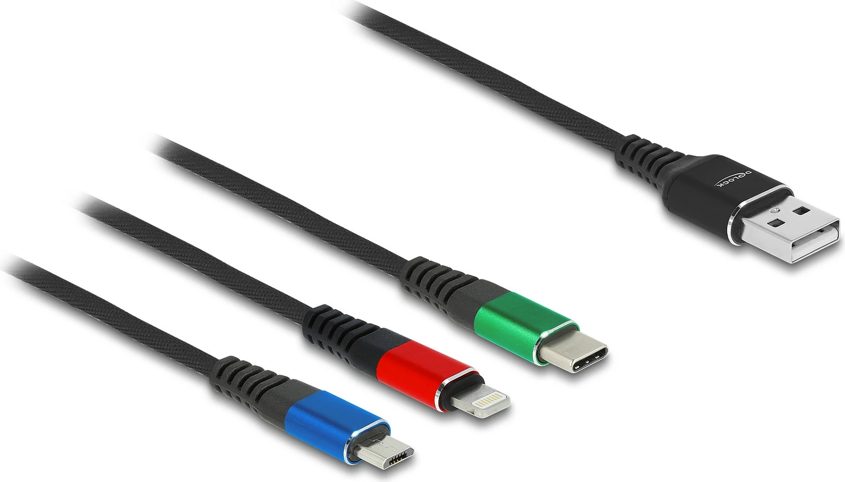 Kabllo karikimi DeLOCK 3 në 1 USB-A në Lightning/Micro-USB/USB-C, 2 m, 3A, e thurur, zi/kaltër/kuqe/gjelbër