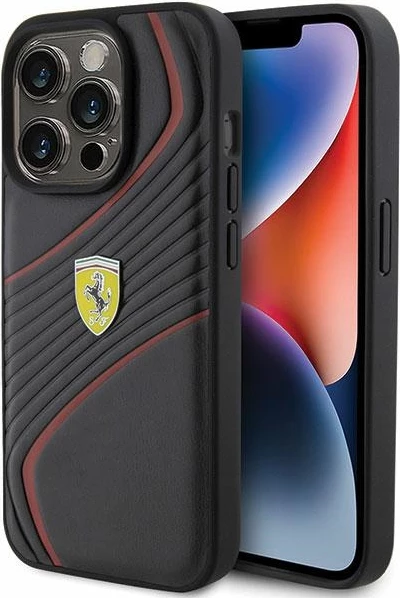 Mbështjellës Ferrari Twist Metal Logo për iPhone 15 Pro, i zi