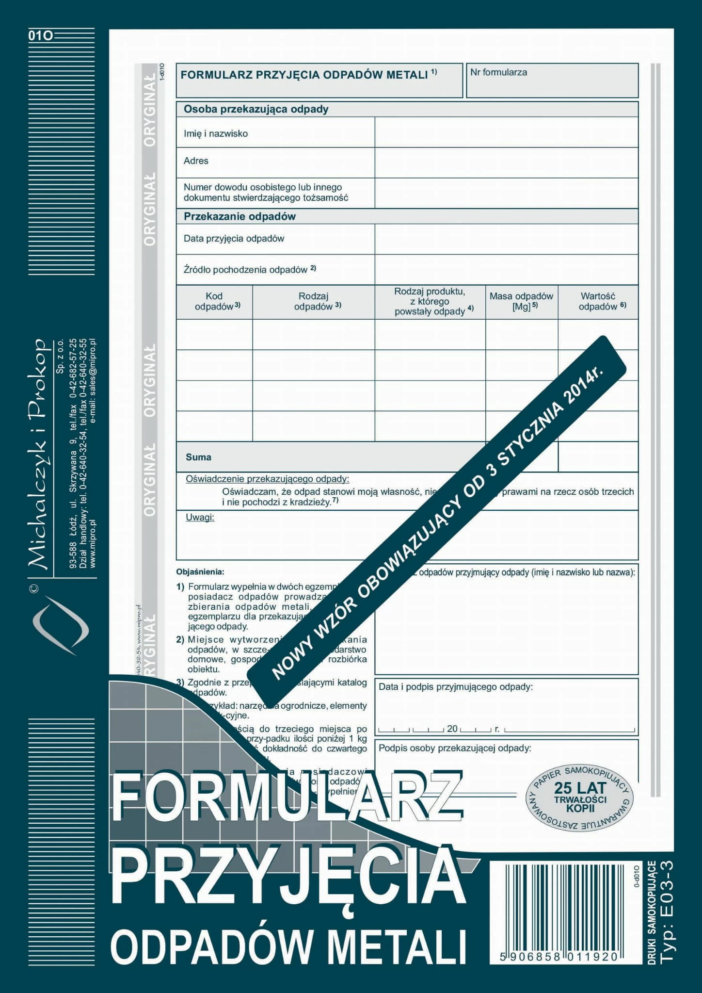 Formular pranimi mbeturinash për metale Michalczyk & Prokop E03-3, A5, letër vetëkopjuese, bllok 80 faqe