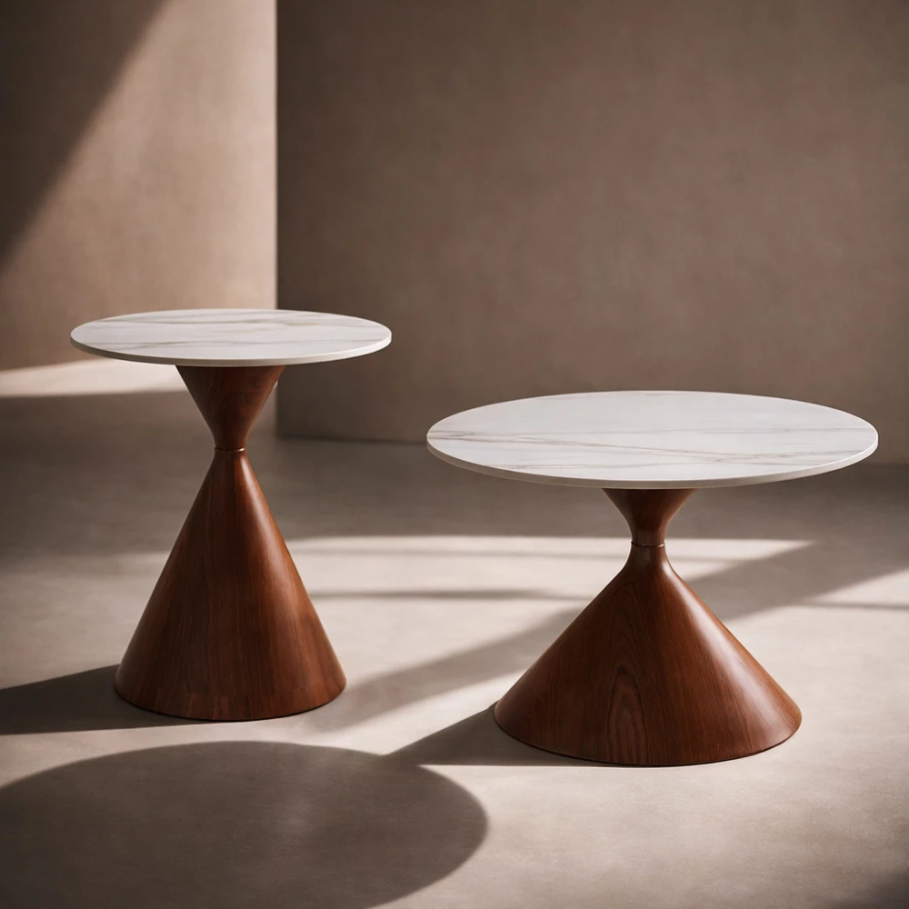 Set tavolinash kafeje NOISETTE, 2 copë, e bardhë me model mermeri, arrë, 70x70x40cm