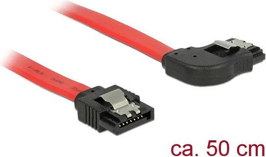 Kabllo SATA DeLOCK 83969, 0.5 m, 7-pin, 6 Gb/s, straight në këndore, zi/kuq