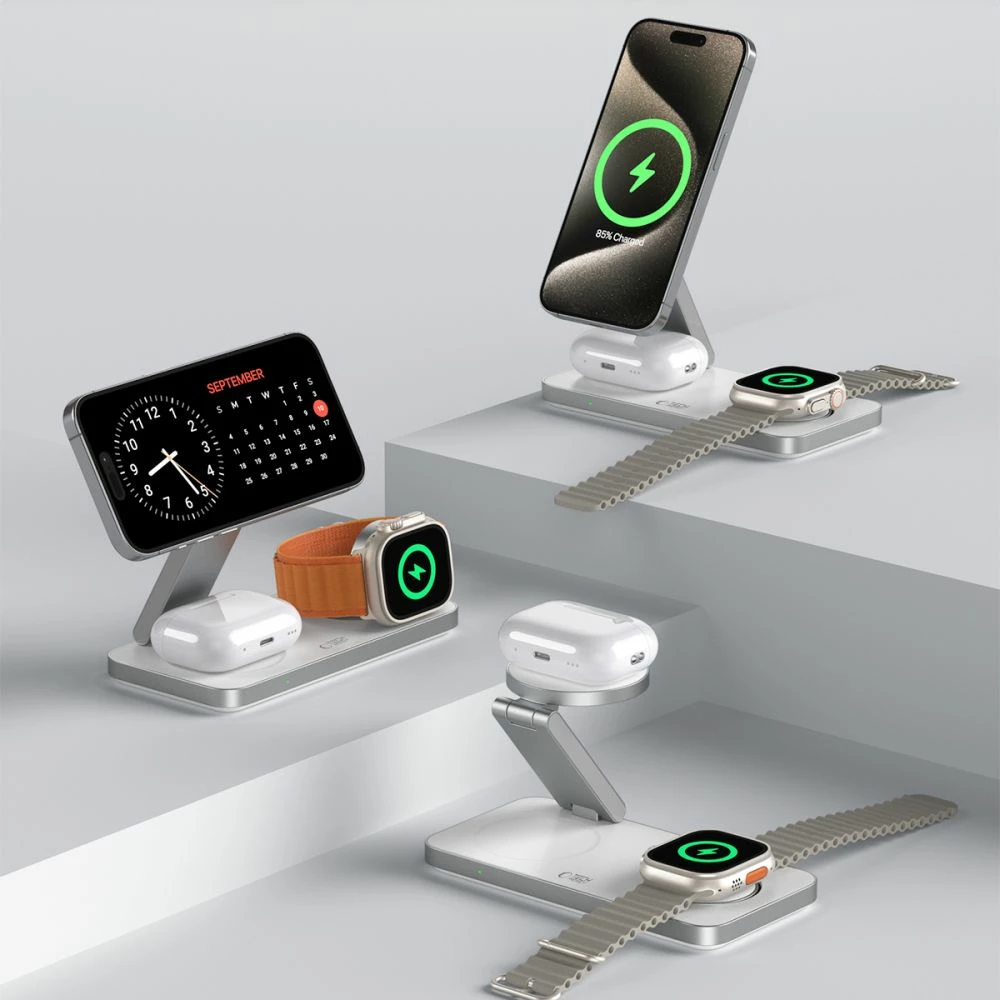 Karikues induktiv 3-në-1 Tech-Protect QI15W-A47 me MagSafe, USB-C, Bardhë