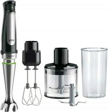 Blender dore Braun MQ7035XBI 1000W 5 shpejtësi Turbo ActiveBlade, zi, set me copëtues, rrahës dhe gotë