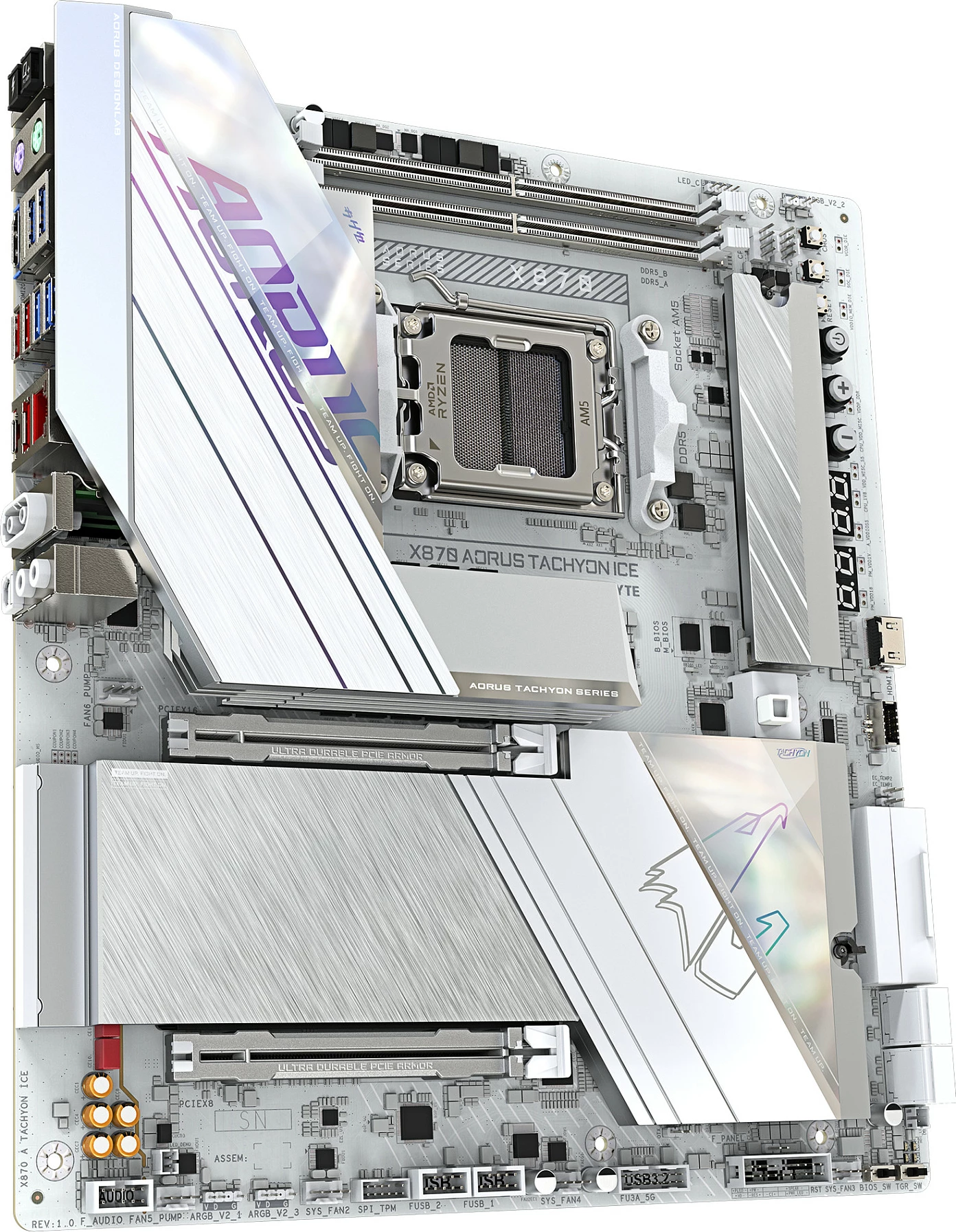 Pllakë amë Gigabyte X870 AORUS TACHYON ICE, Socket AM5, DDR5 9600 (OC), Wi‑Fi 7, 5GbE, e bardhë/argjendtë