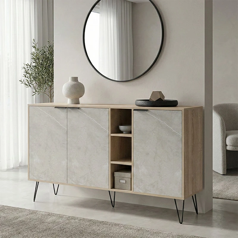 Bufe Balain, pamje mermeri gri-bezhë, këmbë të zeza, 142x35.5x83cm