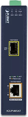 Media konvertues industrial Planet IGUP-805AT, 1x RJ45 Gigabit, 1x SFP Fiber, PoE, DIN rail, kaltër