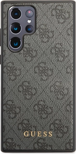 Mbështjellës Guess 4G Metal Gold Logo për Samsung Galaxy S23 Ultra, lëkurë sintetike, Gri
