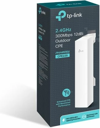 CPE outdoor TP-LINK CPE220 2.4GHz 300Mbps antenë 12dBi PoE IPX5, i bardhë, set me adapter PoE