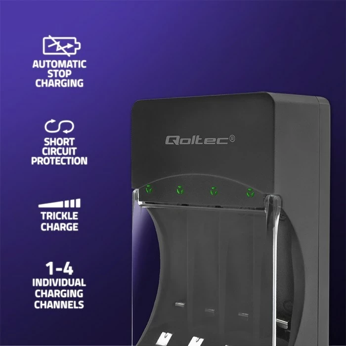 Karikues baterish Qoltec 50653 për Ni-MH R03/AAA R6/AA, Zi
