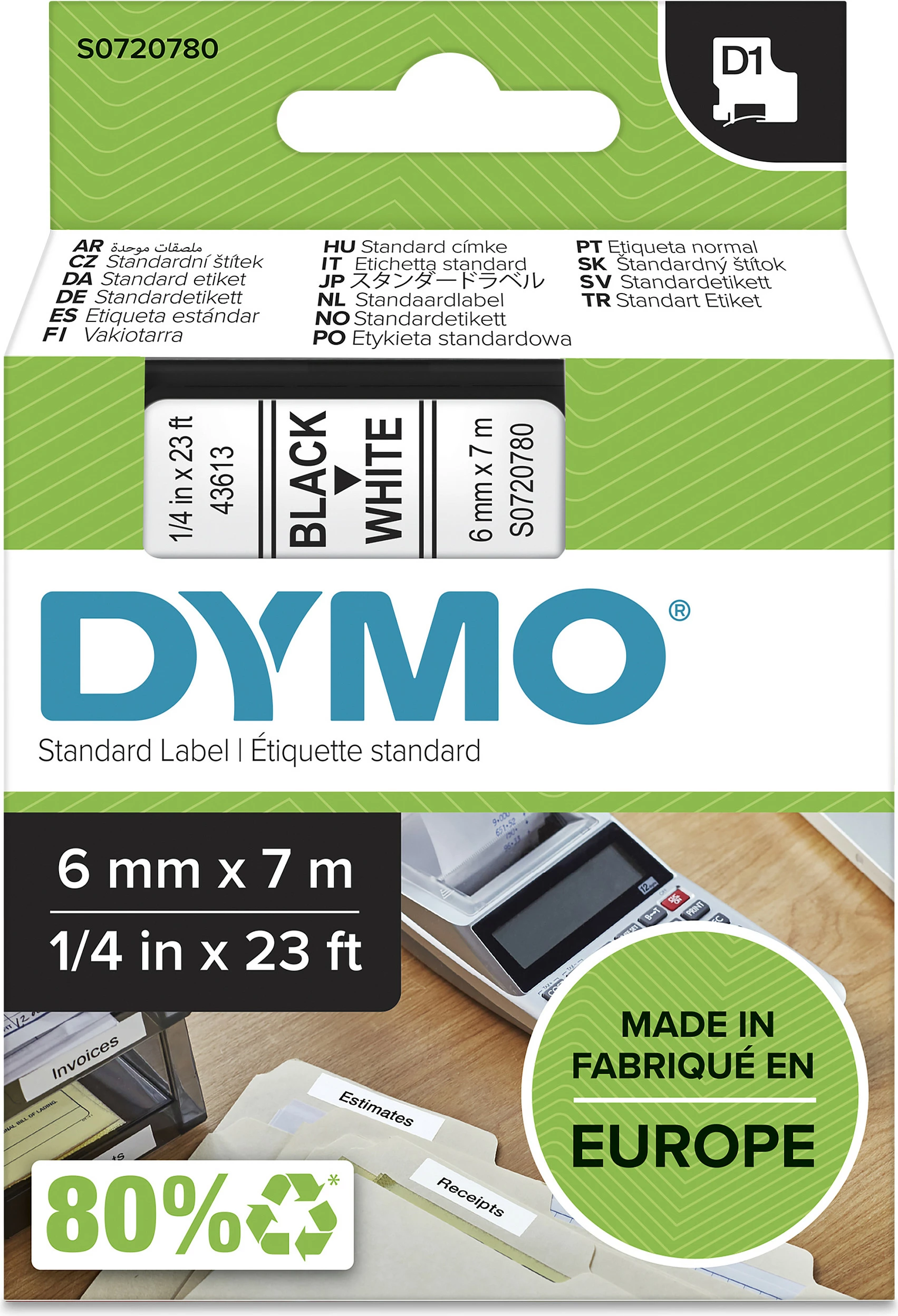 Shirit etikete DYMO D1 S0720780, 6 mm x 7 m, zi në të bardhë