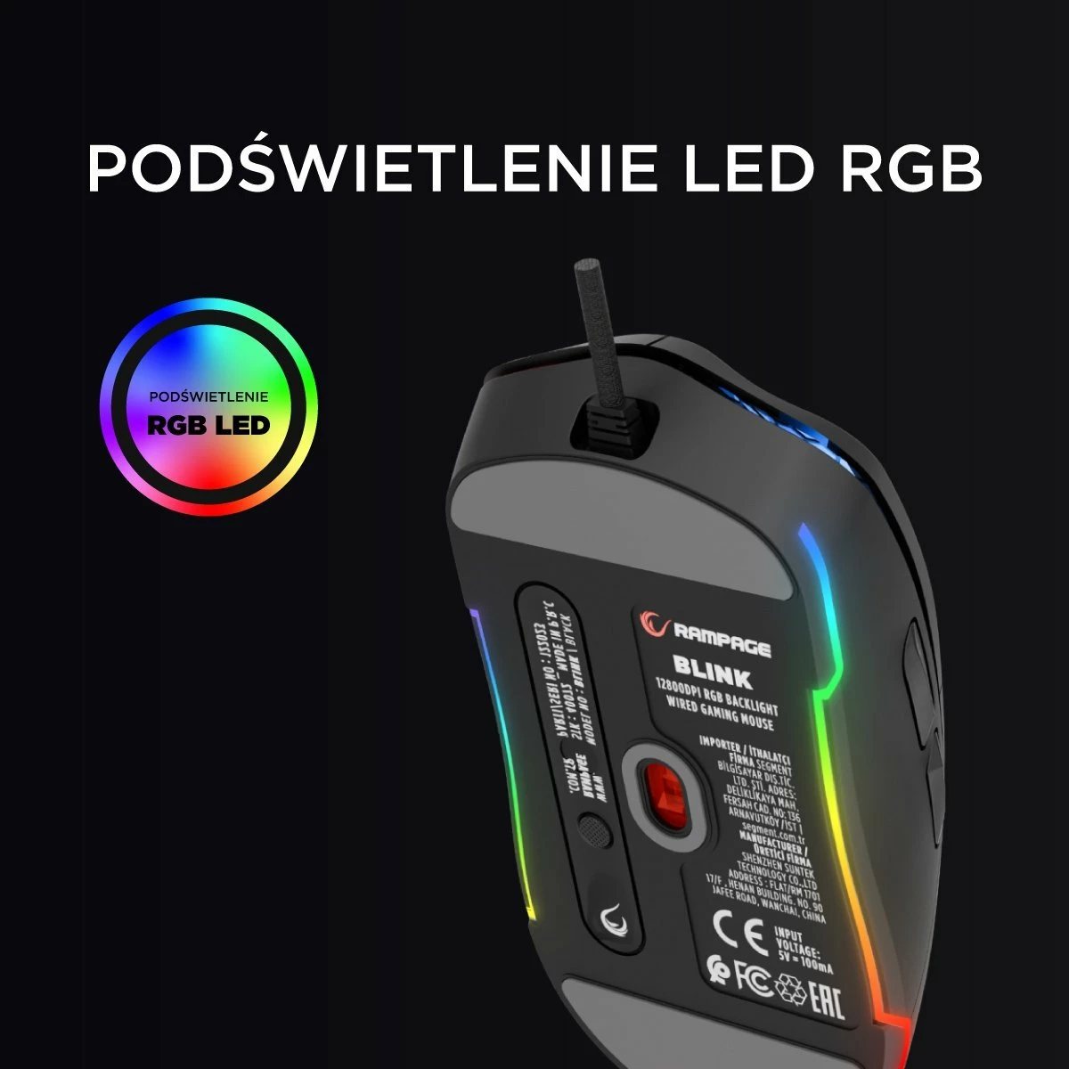 Maus gaming Rampage Blink (BLINK-BLACK) 12800 DPI RGB USB me kabllo, i zi, me kapakë ndërrues