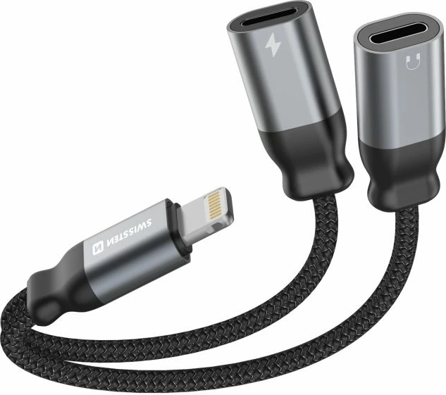 Përshtatës audio për karikim SWISSTEN TEXTILE LIGHTNING M/ 2x LIGHTNING F, 0.12M, i zi