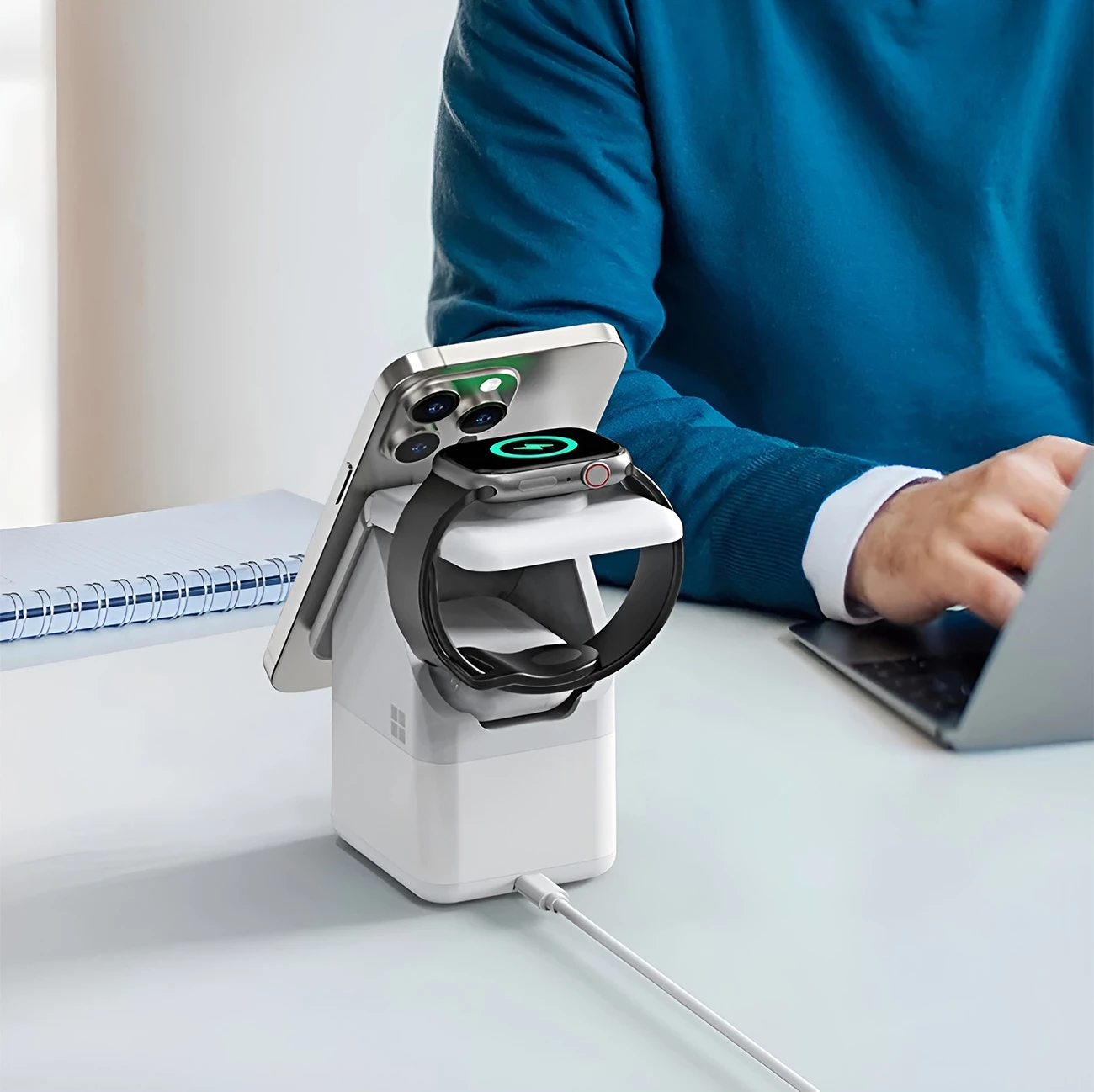 Karikues wireless Duzzona W20 4-në-1 me llambë nate, 15W, për iPhone/Apple Watch/AirPods, Bardhë