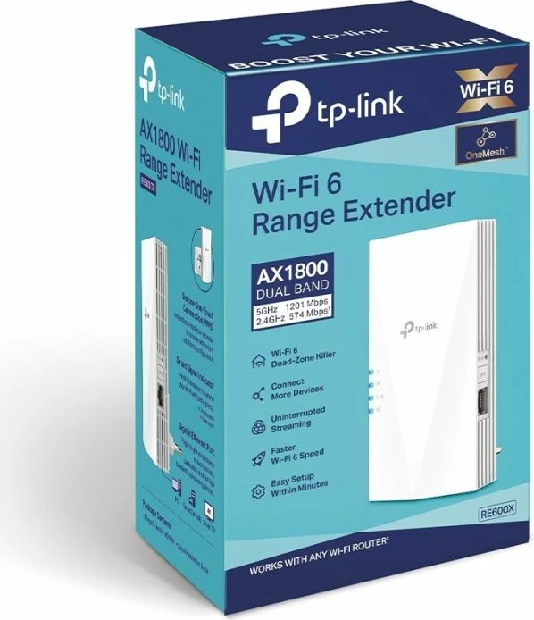 Përforcues WiFi 6 TP-LINK RE600X AX1800 me port Gigabit Ethernet, i bardhë