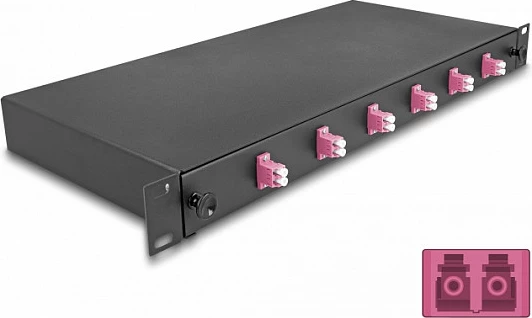 Kuti splice fibër optike DeLOCK 19" 1U, 6x LC Duplex OM4, metal, e zezë