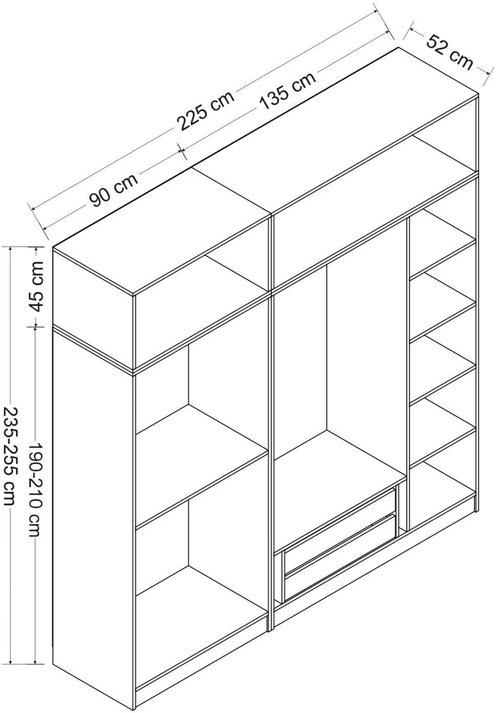 Dollap garderobe Skye Decor, ngjyrë dore, 225x235x52cm, 9 pjesë
