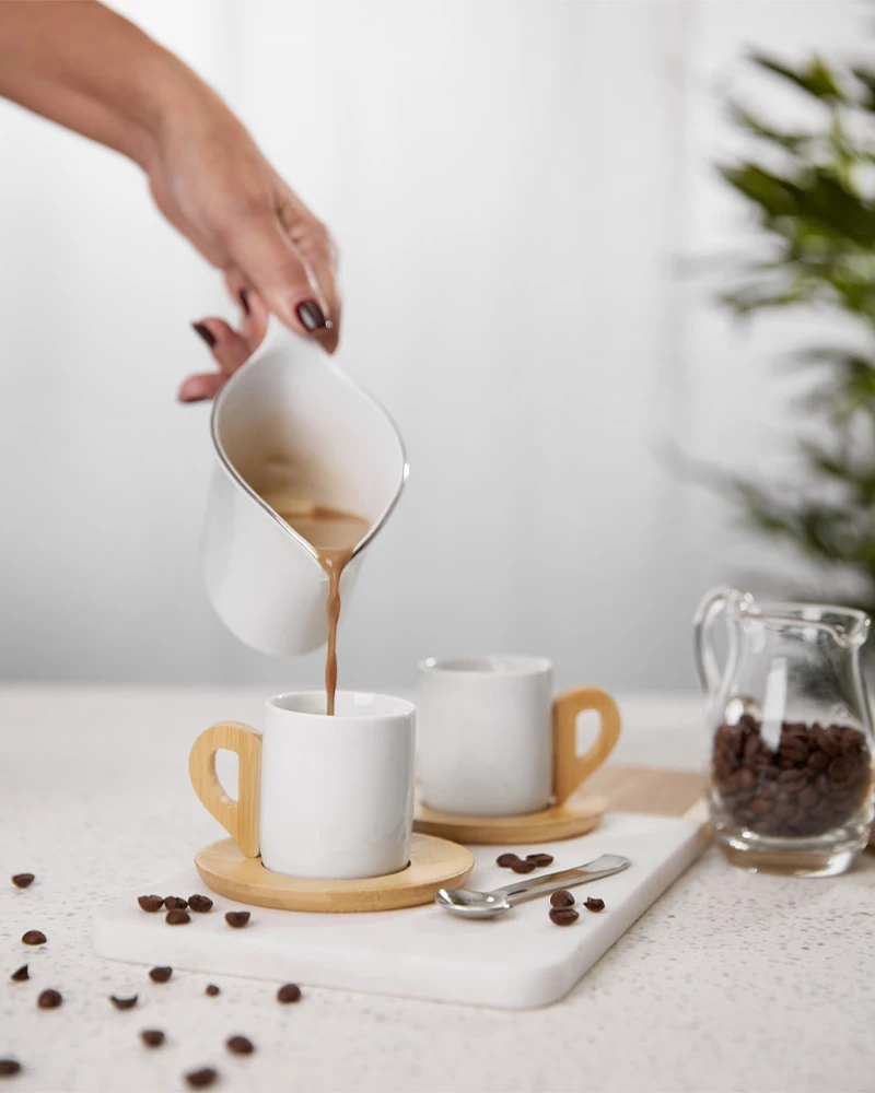 Set filxhanësh espresso Nordic, 6 copë, porcelan i bardhë, bambu natyral, 29x21x7cm