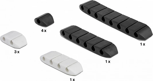 Mbajtës kabllosh DeLOCK trapezoid, set ngjitës 10 copë, për tavolinë/mur, max 5 mm, zi/bardhë