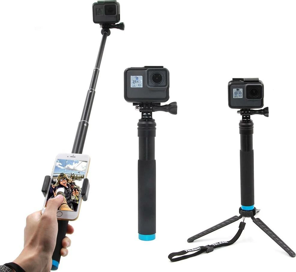 Shkop selfie Telesin GP-MNP-090-D me tripod, për kamera sportive dhe telefon, i zi