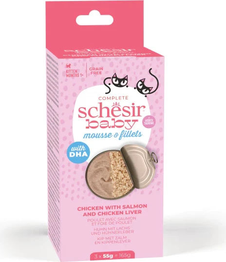 Ushqim për kotele Schesir Baby pulë, salmon & mëlqi pule 3 x 55 gr (3copë)