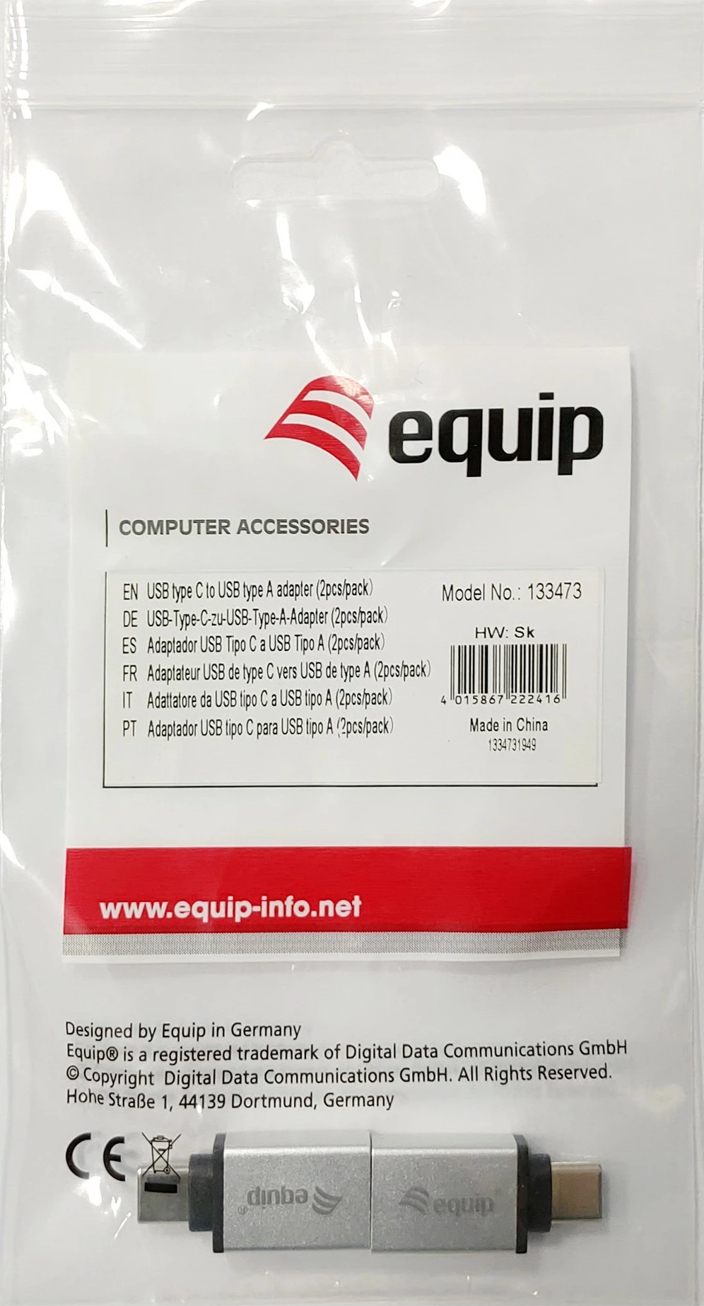 Adapter USB Type C në USB Type A Equip, 2 copë, argjendtë