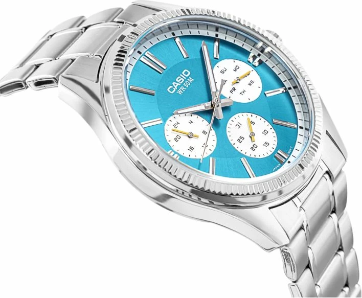 Orë dore për meshkuj CASIO, argjendtë me të kaltër