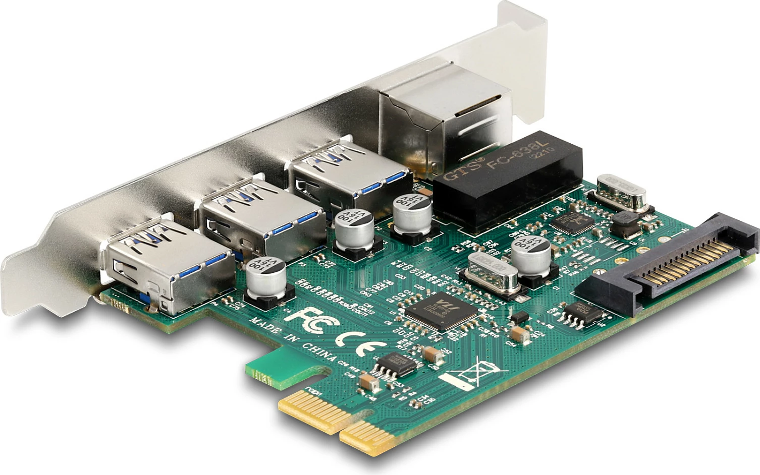 Kartë zgjerimi PCIe DeLOCK, 3x USB 3.2 Gen 1 Type-A + 1x Gigabit LAN, jeshile/gri