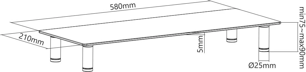 Stendë xhami për monitor Gembird MS-TABLE-GM-01, Size M, 580×210 mm, lartësi e rregullueshme 75-90 mm, ngarkesë 20 kg, e zezë