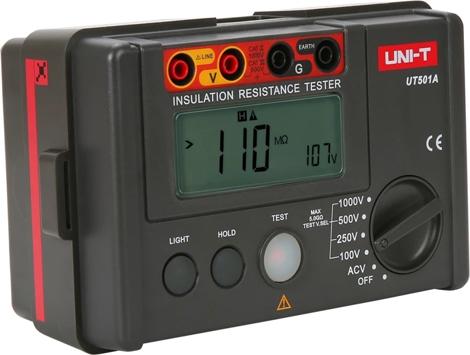 Testues izolimi, UNI-T UT501A, ekran LCD 2000-shifra, PI & DAR, tension prove 100–1000 V, alarm zanor, i kuq/gri, set me fije