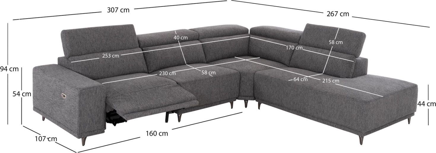 Këndore e djathtë 5-vendëshe me recliner Lunaris CD3316.01R, material gri, 307x267x94H