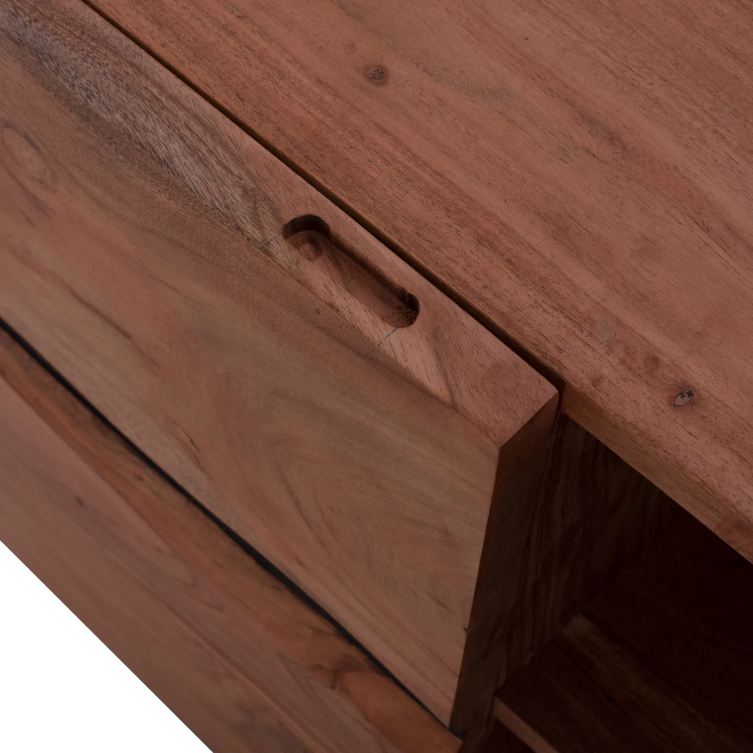 Komodë TV Alicia, dru akacie masiv, ngjyrë natyrale, këmbë metalike të zeza, 130x43x66 cm