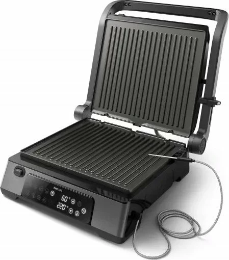 Grill elektrik Philips HD6307/70 2200W kontakt, kontroll temperature, timer, termometër, i zi