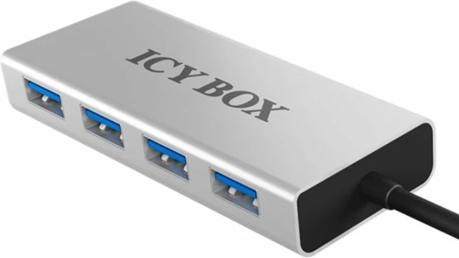 Hub USB-A 3.0 ICYBOX IB-AC6104 4-port, 5 Gbit/s, kasë alumini, kabllo e integrume, argjendtë