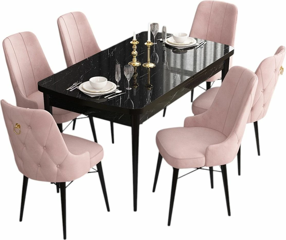 Tavolinë me karrige, zgjatshme, 7 copë, Skye Decor, sipërfaqe mermeri të zi, karrige rozë