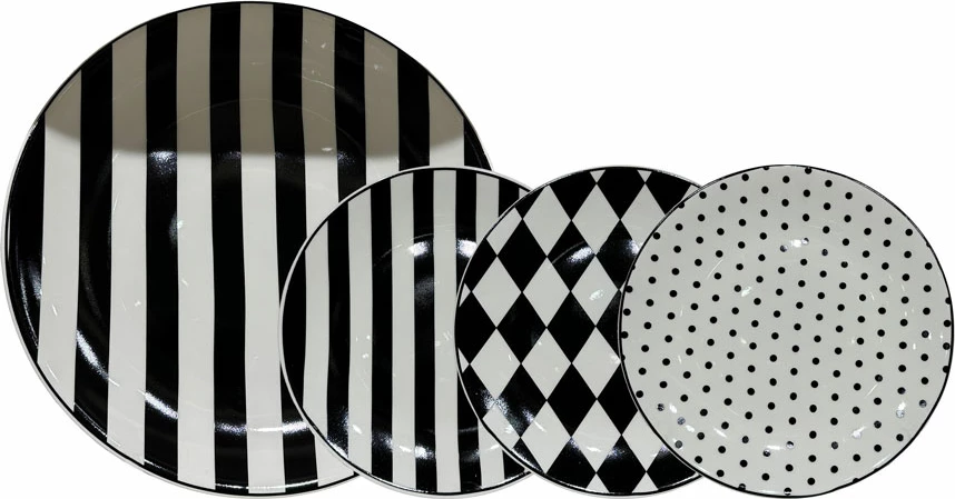 Set pjatash ëmbëlsirash JOLIE, 7 copë, porcelan New Bone China, bardhë e zi, 30x30x3cm