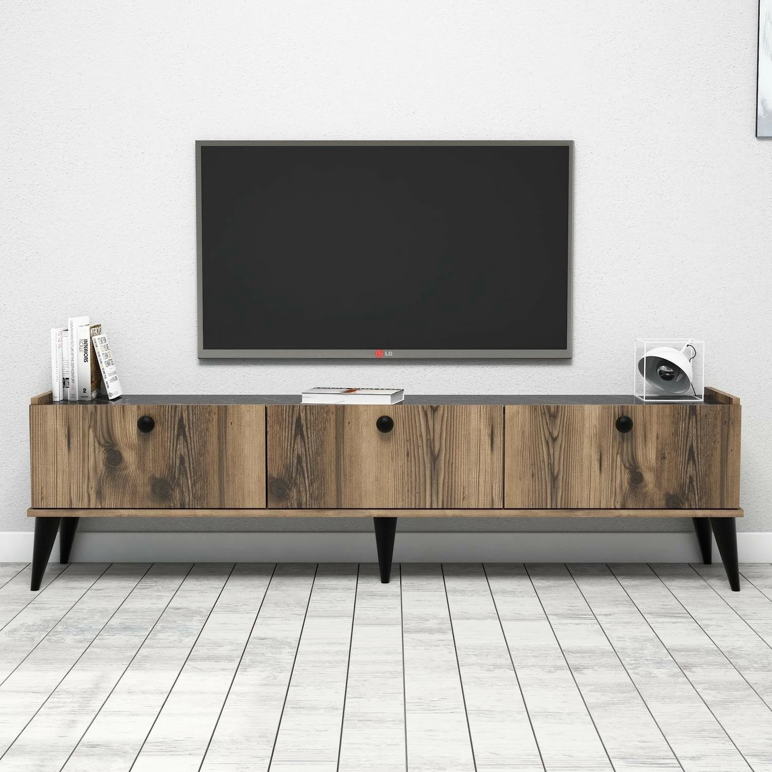 Komodë TV Hanah Home, Lidya, ngjyrë arrë dhe mermer, 180x49x35cm