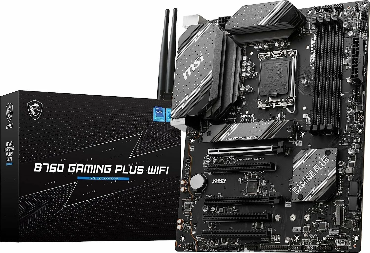 Pllakë amë MSI B760 GAMING PLUS WIFI ATX, DDR5, Wi‑Fi 6E, Bluetooth 5.2, 4x DIMM, set me 2 antena WiFi dhe kabllo SATA