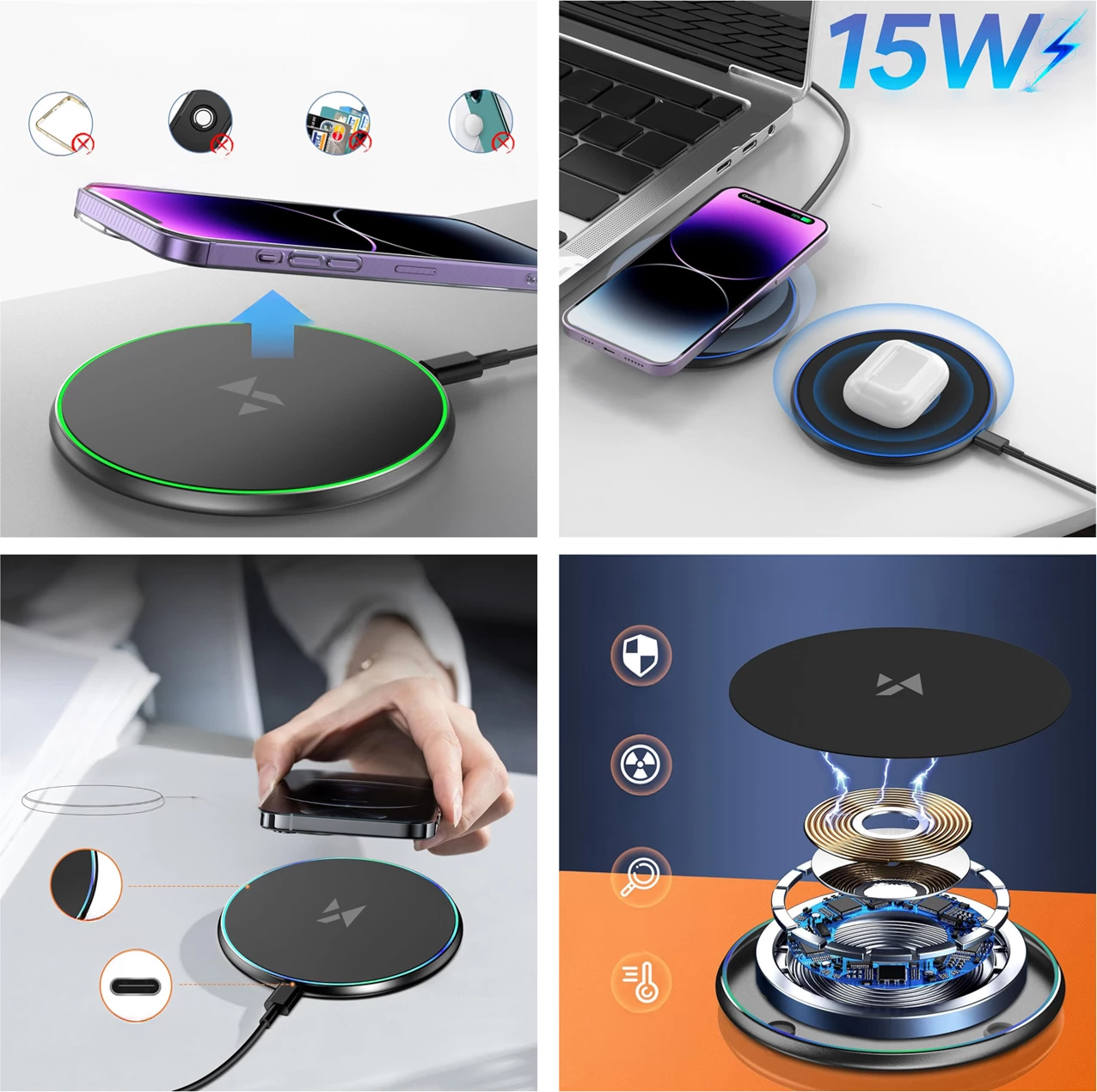 Karikues pa tel Qi 15W, Wozinsky WLI-01Y, me kabllo USB-C, i zi