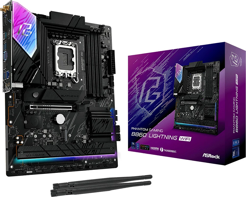 Pllakë amë ASRock B860 Lightning WiFi, LGA1851, DDR5 deri 256GB, Wi‑Fi 6E, e zezë