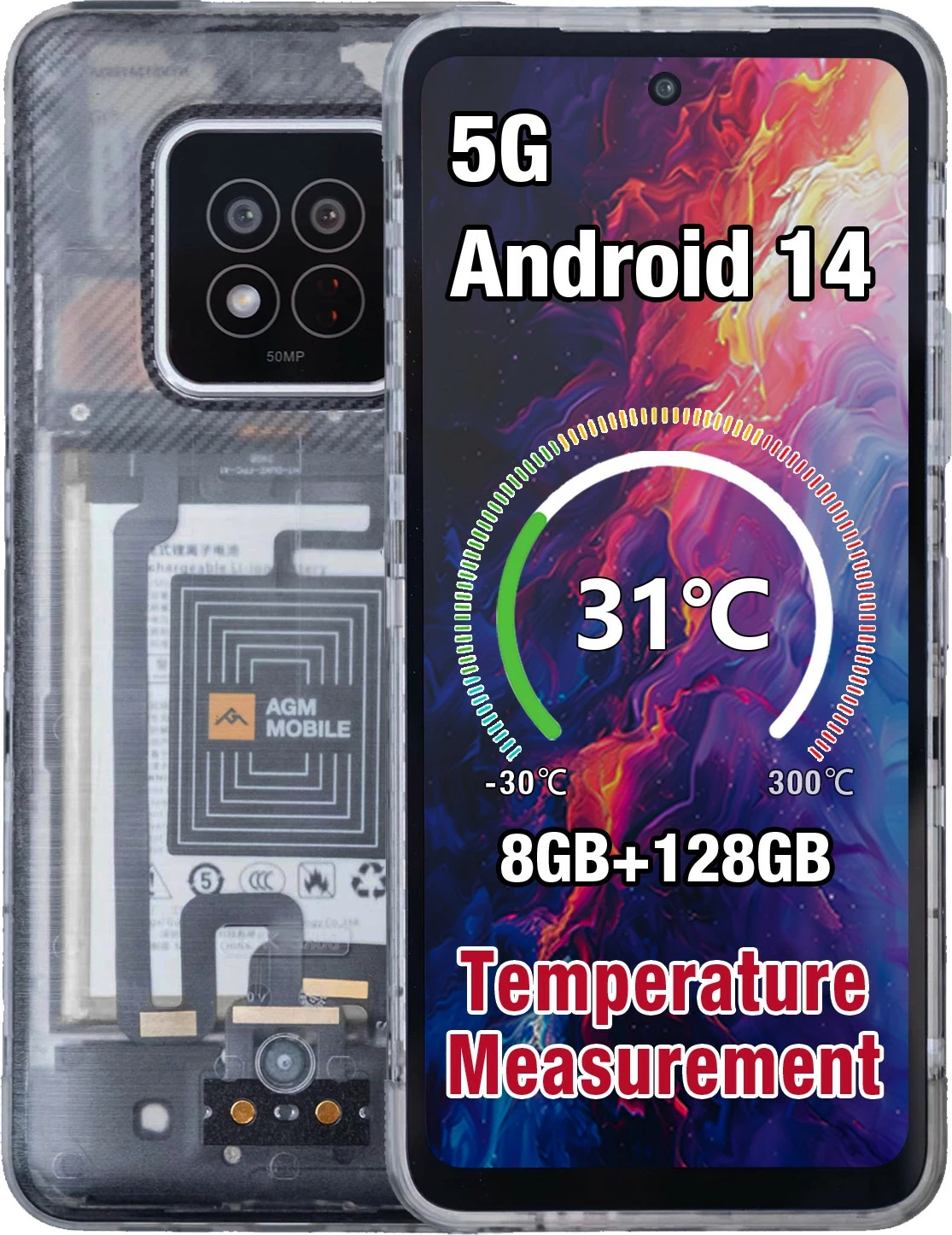 Celular AGM X6 Phantom Rugged, 8GB RAM, 128GB, 5G, Android 14, transparent