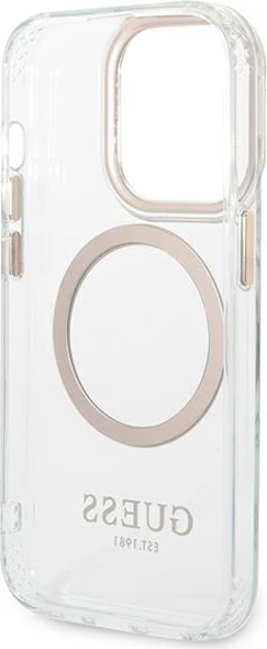 Mbështjellës Guess GUHMP14LHTRMD për iPhone 14 Pro 6.1", Metal Outline Magsafe, Transparent/Gold
