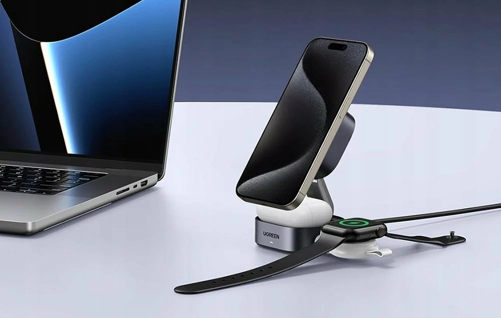 Karikues induktiv Ugreen W702/X227 (UGR1873) 15W, 1x USB-A + 2x USB-C, kabllo USB-C 1m, gri