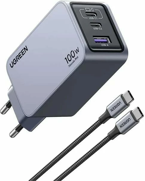 Karikues i shpejtë Ugreen Nexode Pro, 3 porta, GaN, me kabllo USB-C, AC, zi, hiri